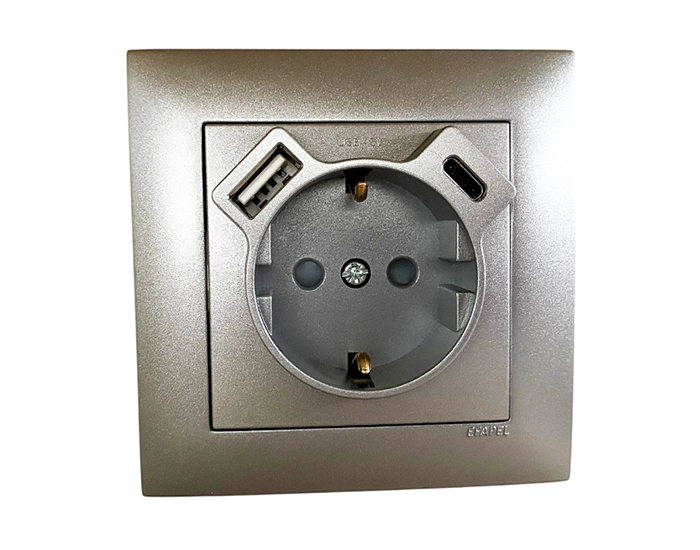 21137 TAL Розетка 2P+E 230V/16A з зар.прист. USB тип A+C Efapel Logus металік алюмін.