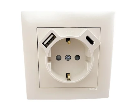 Розетка 2P+E 230V/16A з зар.прист. USB тип A+C Efapel Logus металік крижаний