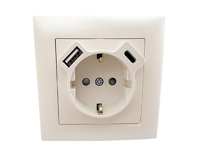 21137 TGE Розетка 2P+E 230V/16A з зар.прист. USB тип A+C Efapel Logus металік крижаний